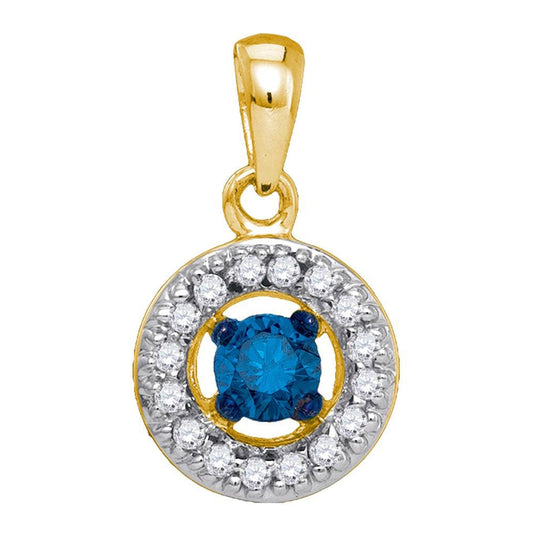 10kt Yellow Gold Womens Round Blue Color Enhanced Diamond Circle Solitaire Pendant 1/4 Cttw