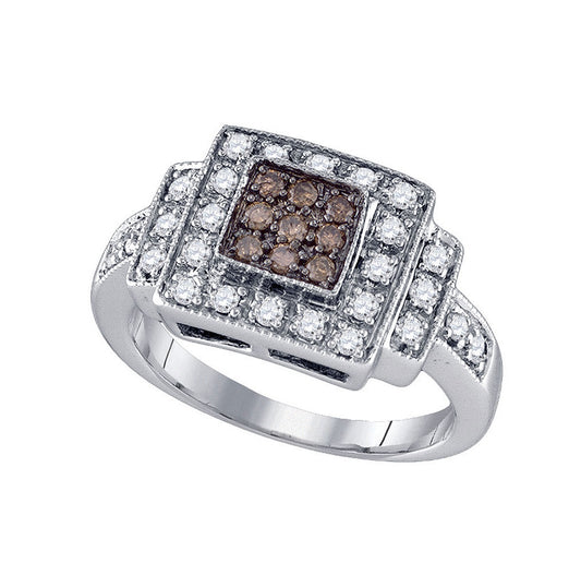 10k White Gold Womens Brown Diamond Square Cluster Ring 1/2 Cttw