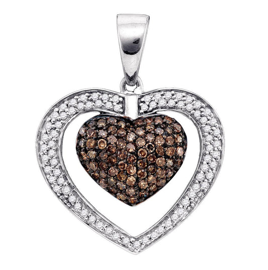 10K Yellow Or White Gold Womens Round Brown Diamond Double Heart Cluster Pendant 1.00 Cttw