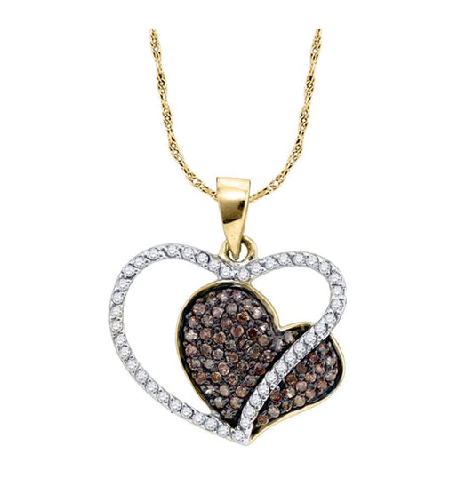 10kt Yellow Gold Womens Round Brown Diamond Heart Pendant 3/8 Cttw