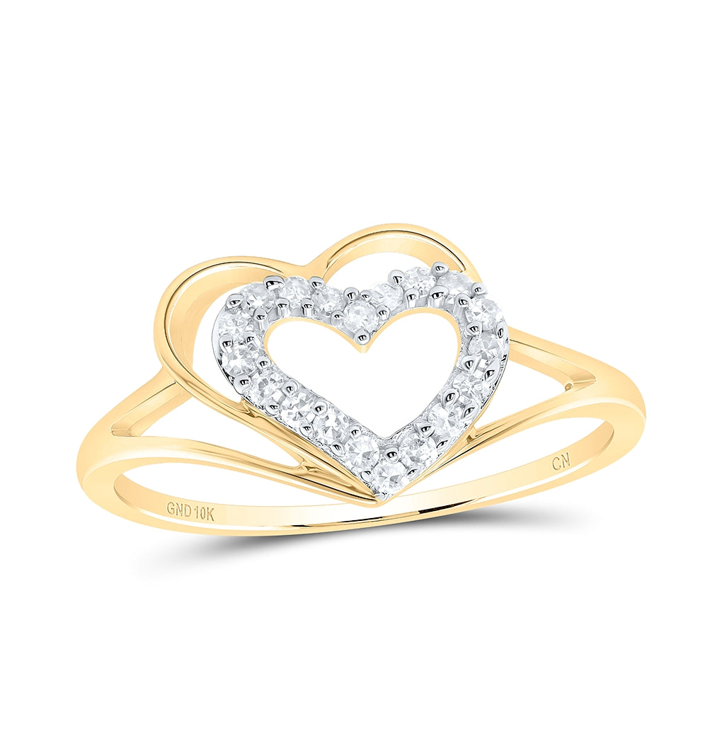 10K Yellow Gold Womens Round Diamond Double Nested Heart Ring 1/8 Cttw, Womens Size: 5-10
