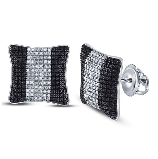 Sterling Silver Mens Round Diamond Puffed Square Cluster Earrings 1/6 Cttw