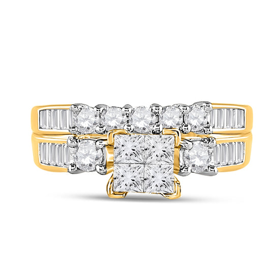 10K Yellow Gold Princess Diamond Cluster Bridal Wedding Ring Band Set 7/8 Cttw, Womens Size: 5-10