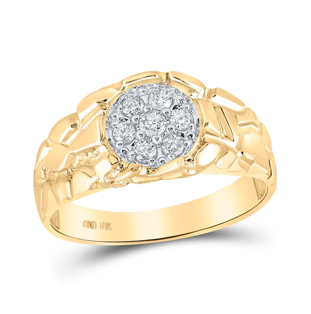 10K Yellow Gold Mens Round Diamond Cluster Nugget Band Ring 1/4 Cttw, Mens Size: 7-13