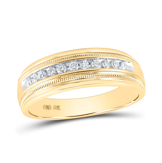 10K Yellow Gold Mens Round Diamond Wedding Single Row Band Ring 1/4ctw, Mens Size: 7-13