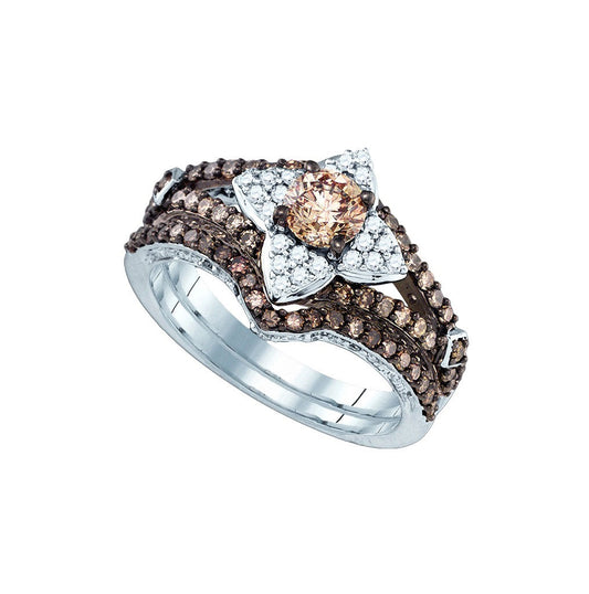 14kt White Gold Womens Round Brown Diamond Bridal Wedding Engagement Ring Band Set 1-1/3 Cttw
