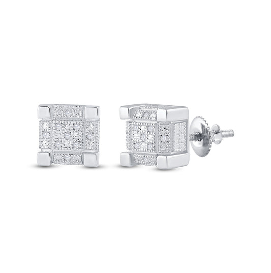 Sterling Silver Round Diamond 3D Cube Square Earrings 1/20ctw