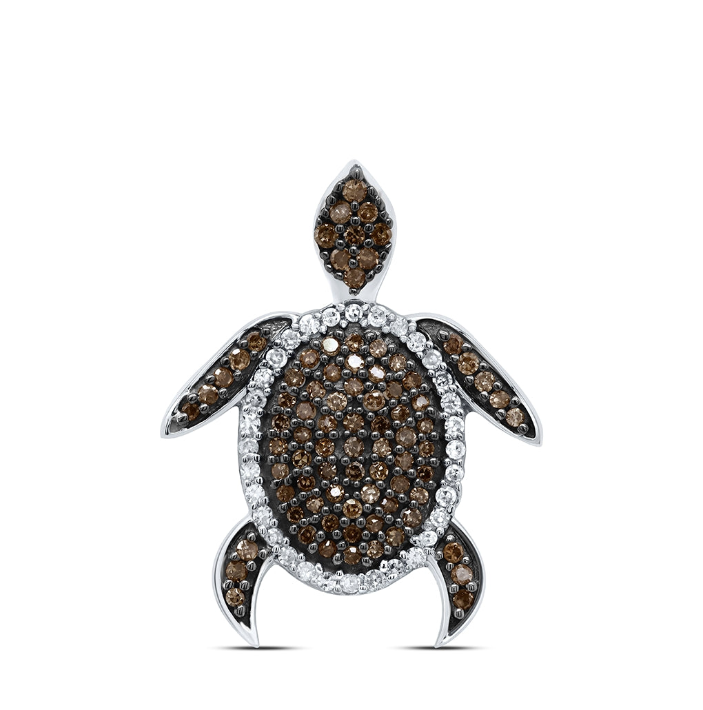 10K White Gold Womens Round Brown Diamond Sea Turtle Animal Pendant 3/8 Cttw, Length: 0.85 In, Width: 0.67 In