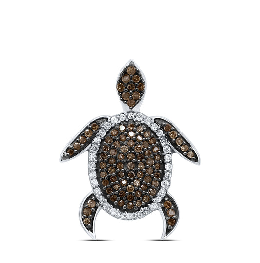 10K White Gold Womens Round Brown Diamond Sea Turtle Animal Pendant 3/8 Cttw, Length: 0.85 In, Width: 0.67 In