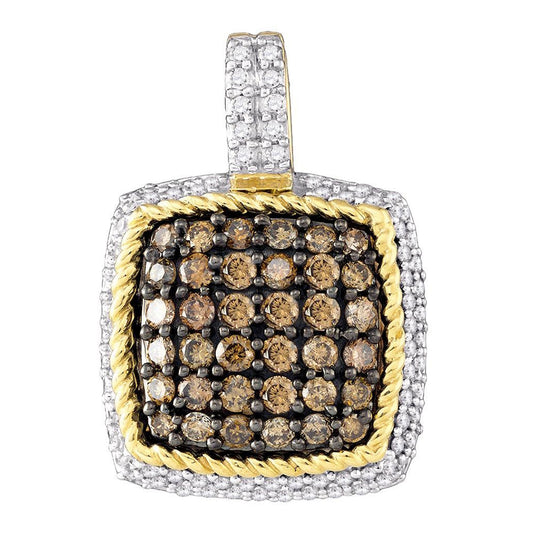 10kt Yellow Gold Womens Round Brown Diamond Square Cluster Pendant 3/4 Cttw