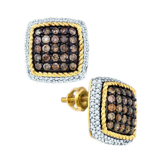 10kt Yellow Gold Womens Round Brown Diamond Square Rope Frame Earrings 1-1/4 Cttw