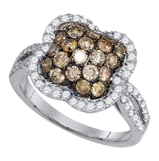10kt White Gold Womens Round Brown Diamond Quatrefoil Cluster Ring 1-1/2 Cttw