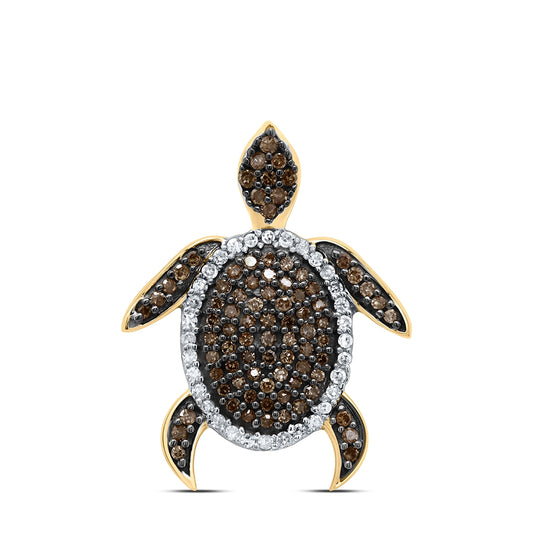 10K Yellow Gold Womens Round Brown Diamond Sea Turtle Animal Pendant 3/8 Cttw, Length: 0.85 In, Width: 0.67 In