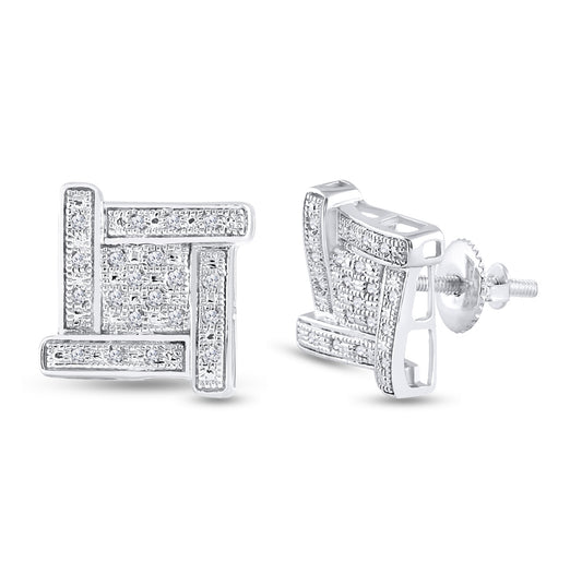 Sterling Silver Round Diamond Square Earrings 1/8 Cttw