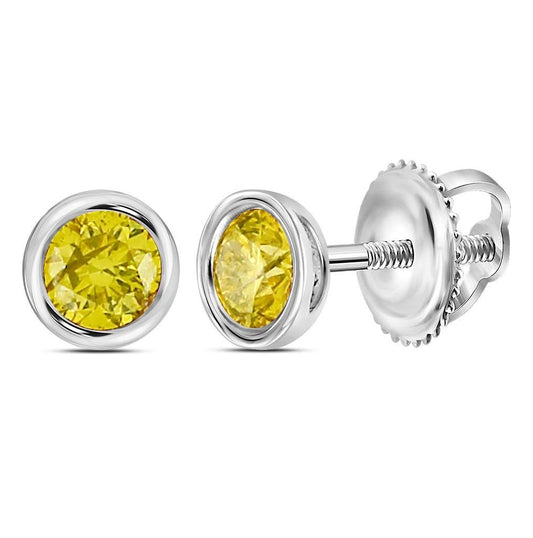 Sterling Silver Mens Round Yellow Color Enhanced Diamond Stud Earrings 1/2 Cttw