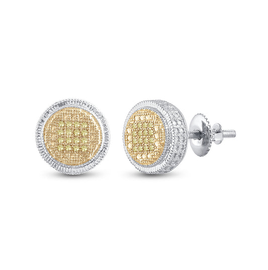 Sterling Silver Round Yellow Color Enhanced Diamond Disk Circle Earrings 1/10ctw