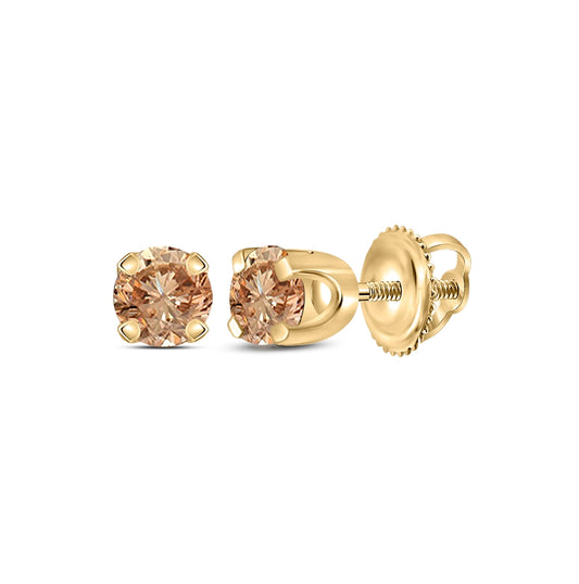 10K Yellow Gold Womens Round Brown Diamond Solitaire Stud Earrings 1/4 Cttw, Length: 0.16 In, Width: 0.16 In
