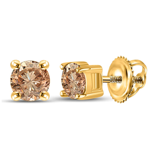 10K Yellow Gold Womens Round Brown Diamond Stud Earrings 1/2 Cttw