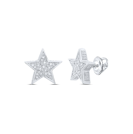 Sterling Silver Round Diamond 3D Star Stud Earrings 1/8ctw