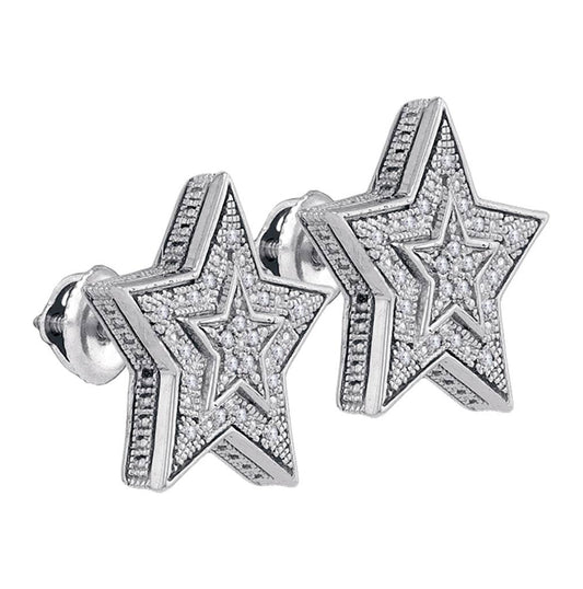 Sterling Silver Round Diamond Star Cluster Stud Earrings 1/10ctw