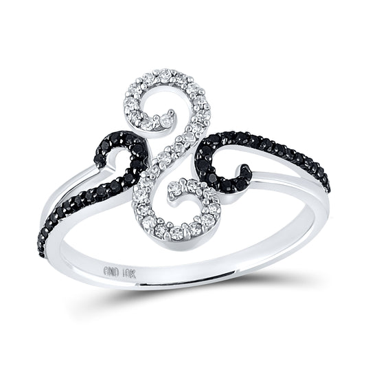 10K White Gold Womens Round Black Color Enhanced Diamond Swirl Ring 1/5 Cttw, Womens Size: 5-10