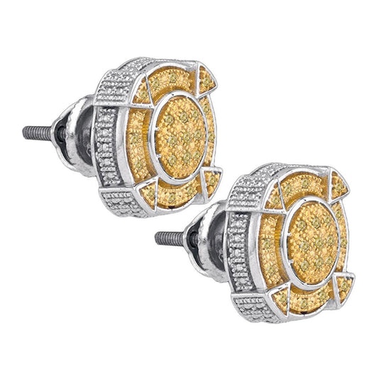 Sterling Silver Round Yellow Color Enhanced Diamond Cluster Earrings 1/6 Cttw