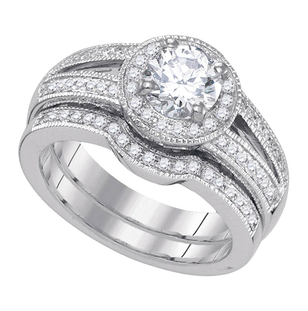 14kt White Gold Womens Round Diamond Halo Bridal Wedding Engagement Ring Band Set 1-1/3ctw
