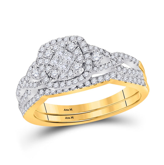 14K Yellow Gold Princess Diamond Cluster Bridal Wedding Ring Band Set 3/4 Cttw, Womens Size: 5-10