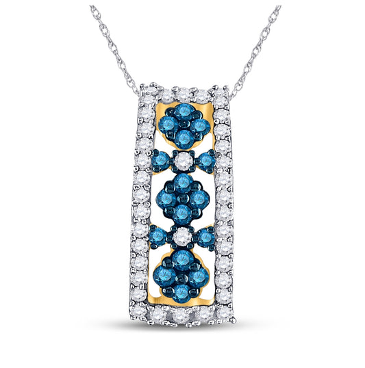 10kt Yellow Gold Womens Round Blue Color Enhanced Diamond Cluster Vertical Pendant 1/2 Cttw