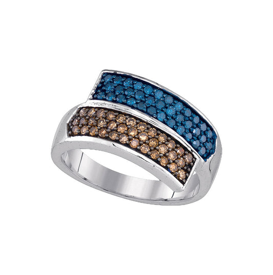 10kt White Gold Womens Round Blue Brown Diamond Band Ring 3/4 Cttw