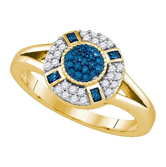 10kt Yellow Gold Womens Round Blue Color Enhanced Diamond Circle Cluster Ring 3/8 Cttw