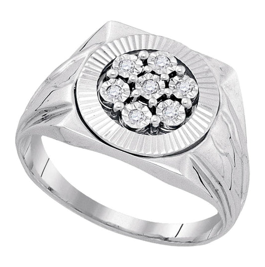 Sterling Silver Mens Round Diamond Flower Cluster Illusion-set Ring 1/10 Cttw, Mens Size: 7-13