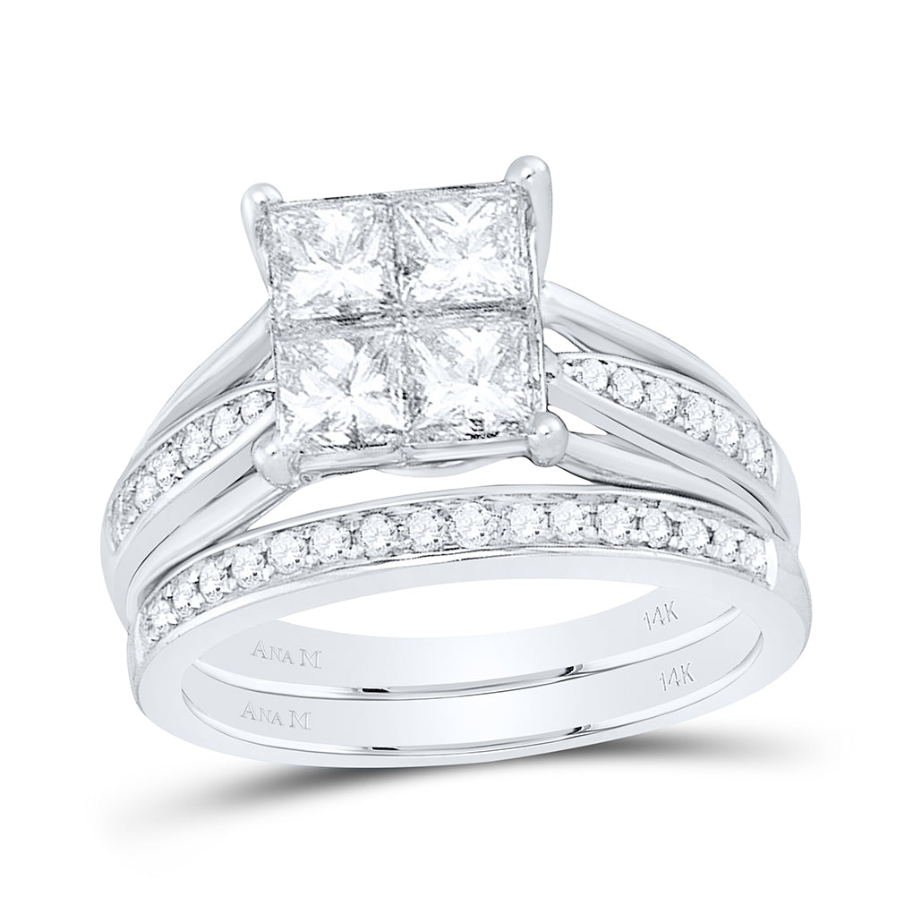 14k White Gold Womens Princess Diamond 2-tone Bridal Wedding Engagement Ring Band Set 2.00 Cttw