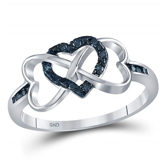 Sterling Silver Womens Round Color Enhanced Blue Diamond Triple Heart Infinity Ring 1/10 Cttw, Womens Size: 5-10