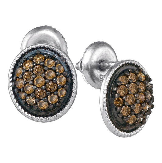 10kt White Gold Womens Round Brown Diamond Cluster Earrings 1/2 Cttw