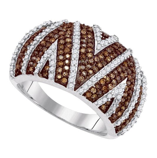 10kt White Gold Womens Round Brown Diamond Striped Band Ring 7/8 Cttw