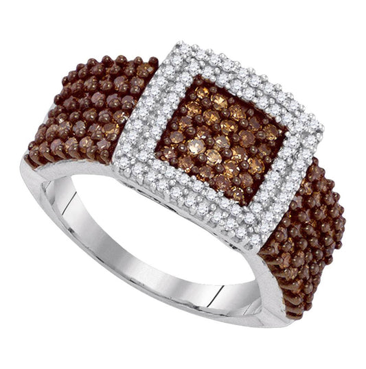 10kt White Gold Womens Round Brown Diamond Square Cluster Ring 1.00ctw