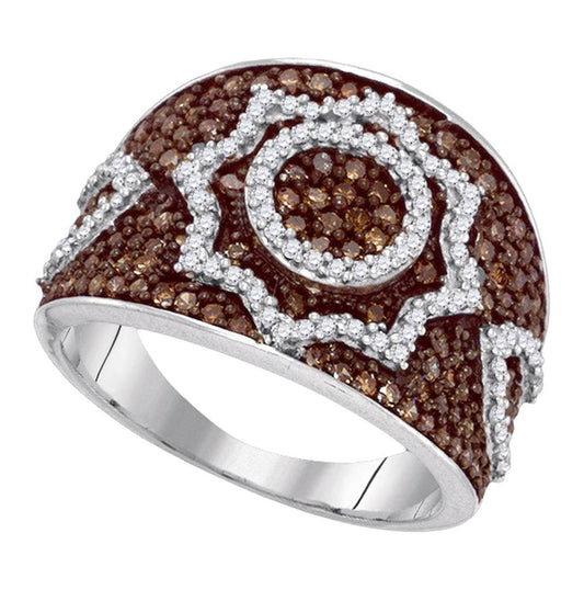 10kt White Gold Womens Round Brown Diamond Starburst Fashion Ring 1.00 Cttw