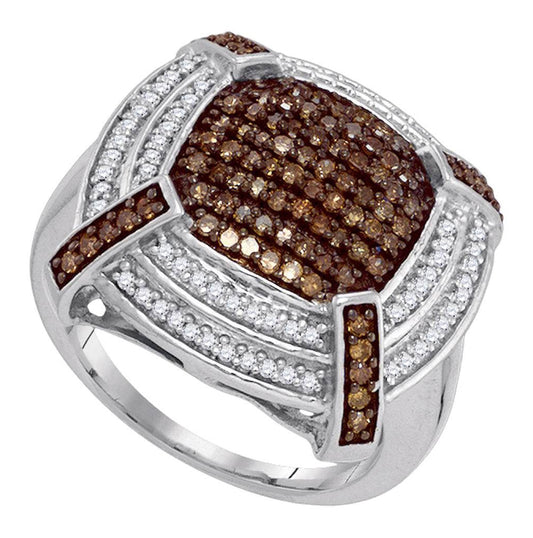 10kt White Gold Womens Round Brown Diamond Square Cluster Ring 3/4 Cttw