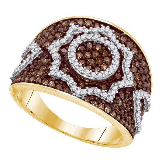 10kt Yellow Gold Womens Round Brown Diamond Starburst Fashion Ring 1.00 Cttw