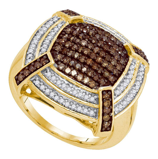 10kt Yellow Gold Womens Round Brown Diamond Square Cluster Ring 3/4 Cttw