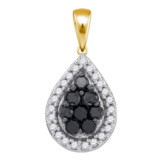 10kt Yellow Gold Womens Round Black Color Enhanced Diamond Teardrop Cluster Pendant 3/8 Cttw