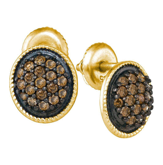 10kt Yellow Gold Womens Round Brown Diamond Cluster Earrings 1/2 Cttw