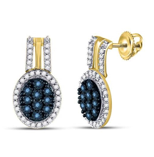 10kt Yellow Gold Womens Color Enhanced Blue Diamond Oval Cluster Earrings 3/4 Cttw