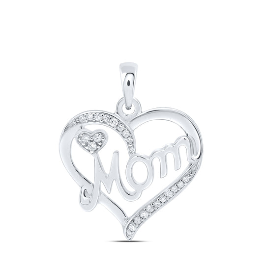 Sterling Silver Womens Round Diamond Mom Heart Pendant 1/10ctw