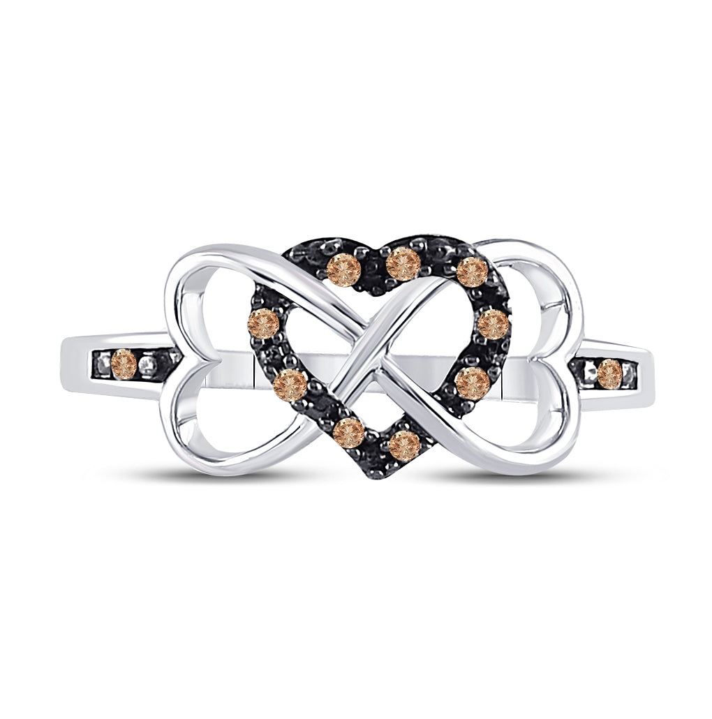 Sterling Silver Womens Round Brown Diamond Triple Heart Ring 1/10 Cttw, Womens Size: 5-10