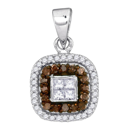 10K Yellow Or White Gold Womens Round Brown Diamond Square Frame Pendant 1/3 Cttw