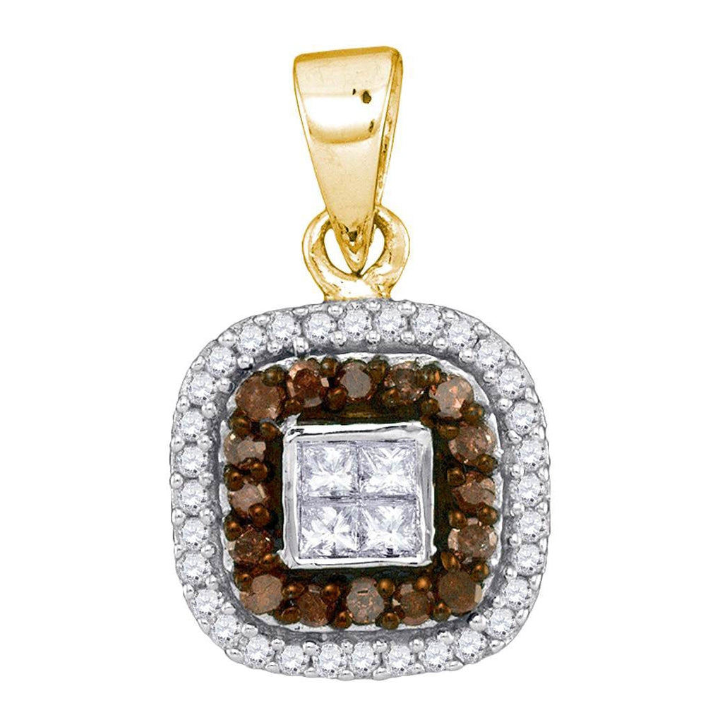 10K Yellow Or White Gold Womens Round Brown Diamond Square Frame Pendant 1/3 Cttw