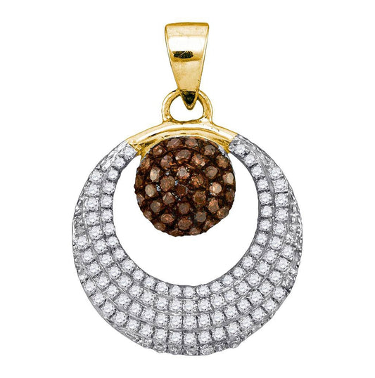 10kt Yellow Gold Womens Round Brown Diamond Nested Circle Pendant 3/8 Cttw
