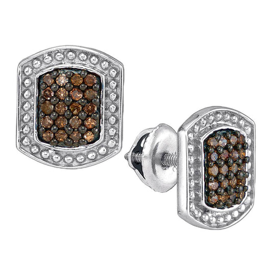 10kt White Gold Womens Round Brown Diamond Cluster Earrings 1/3 Cttw
